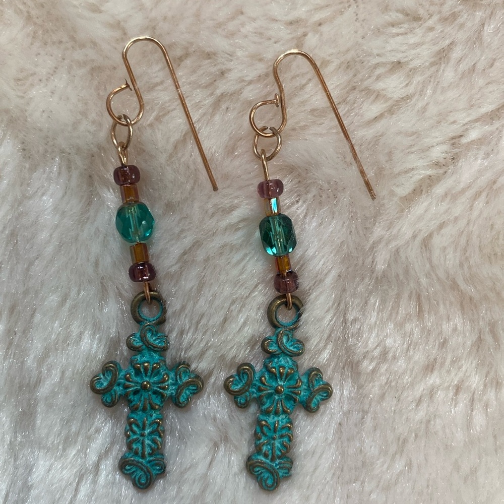 Pamela Reece Originals - verdigris metal
Cross and beaded earrings